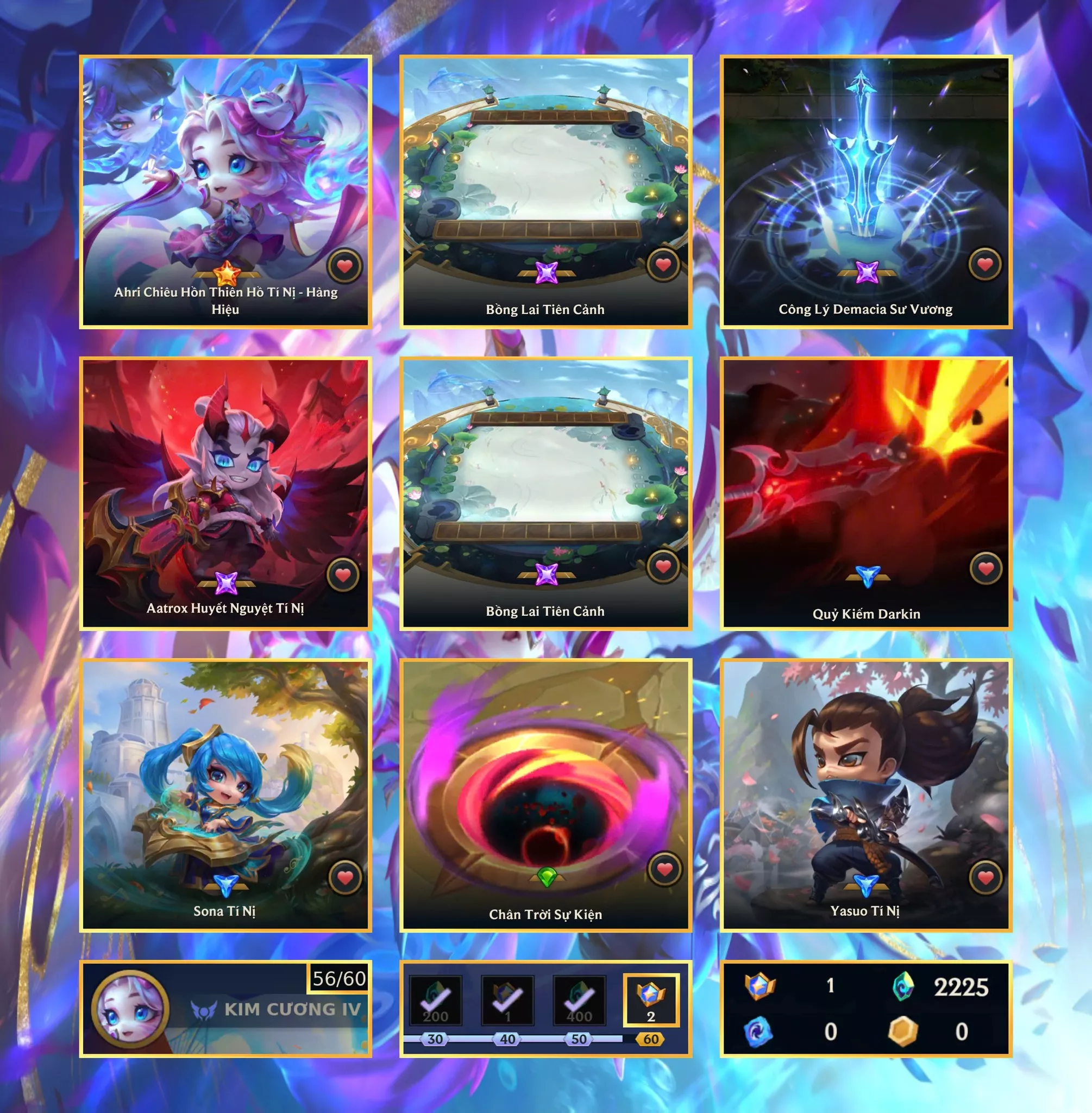 📮Combo TFT Hàng Hiệu Cực Vip - Pet Hàng Hiệu ✅ Ahri Chiêu Hồn Thiên Hồ Tí Nị - Hàng Hiệu ✅ Pet - Aatrox Huyết Nguyệt Tí Nị 🌠 Sàn - Bồng Lai Tiên Cảnh 🌠 Sàn - 4 Sàn Đấu Xanh Đẹp Mắt ⬆️ Chưởng - Công Lý Demacia Sư Vương ➡️ Dư 1 Huy Chương ➡️ Dư 2.225 Pha Lê ✅ 5 Cổng Dịch Chuyển Vip 🍁 Có Thẻ Đổi Tên Nhân Vật Miễn Phí